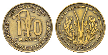 Французская Западная Африка 10 франков 1957 год-тип KM 8 медь алюминий 4671-136