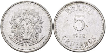 Бразилия 5 крузадо 1988 реформа 1986-1989 KM 606 нержавеющая сталь 119-653