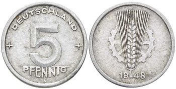 ГДР 5 пфеннигов 1948 A KM 2 алюминий 211-647