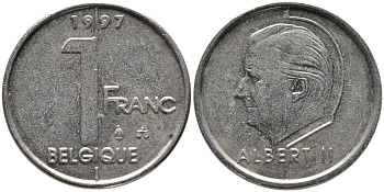 БЕЛЬГИЯ 1 ФРАНК 1997 BELGIQUE, АЛЬБЕРТ II (1993-) KM 187 железо плакированное никелем 99-1229