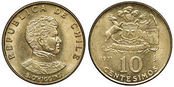 Чили 10 сентесимо 1971 KM 194 алюминиевая бронза aUNC M54-10