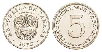 Панама 5 сентесимо 1970 тираж 9.528 экземпляров KM 23.2 медно-никель PROOF 1524-732
