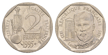 Франция 2 франка 1995 100 лет со дня смерти Луи Пастера KM 1119 никель UNC 4660-237