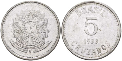 Бразилия 5 крузадо 1988 реформа 1986-1989 KM 606 нержавеющая сталь 119-653