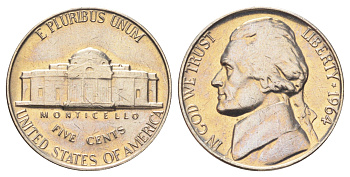 США 5 центов 1964 Джефферсон KM A192 медно-никель UNC 214-368