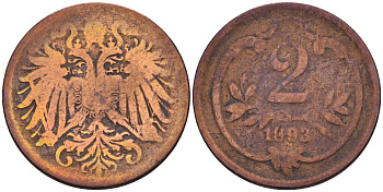 Австрия 2 геллера 1893 Франц Иосиф (1848-1916) КМ 2801 бронза    4602-658