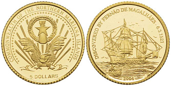 Северные Марианские острова 5 долларов 2004 Путешествие Магеланна, корабли золото PROOF 00-811-27