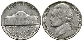 США 5 центов 1983 D, президент Джеферсон KM А192 медно-никель 4610-231