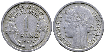 ФРАНЦИЯ 1 ФРАНК 1947 KM 885а.1 алюминий 25-521