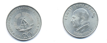 ГДР 20 марок 1971 A, 85 лет со дня рождения Эрнста Тельмана KM 34, J. 1535 медно-никель 3333-531