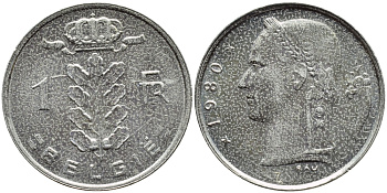 БЕЛЬГИЯ 1 ФРАНК 1980 BELGIE KM 143.1 медно-никель 3999-222