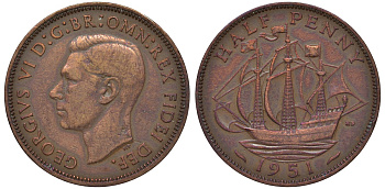 Великобритания 1/2 пенни 1951 Георг VI (1936-1952) KM 868, Spink 4118 бронза 4122-816