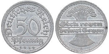 Германия 50 пфеннигов 1919 A KM 27, J. 301 алюминий 4163-216