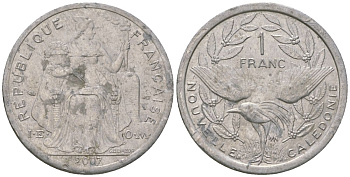 Французская Новая Каледония 1 франк 2007 птица кагу, (IEOM) KM 10, Schoen 10 алюминий 55-122