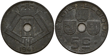 Бельгия 5 сантимов 1941 Belgie - Belgique, Леопольд III (1934-1947), германская оккупация, Вторая мировая война KM 124 цинк 4160-1129