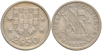 ПОРТУГАЛИЯ 2,5 ЭСКУДО 1972 ПАРУСНИК KM 590 медно-никель 75-1557