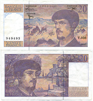 ФРАНЦИЯ 20 ФРАНКОВ 1997 Pick 151i бумага 7207-25-2