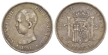 Испания 5 песет 1891 PG-M, Альфонсо XIII (1886-1931) KM 689 серебро 413-322