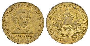 Германия великие мореплаватели в мировой истории - Христофор Колумб ND диаметр 30 мм, вес 7,7 гр латунь 4172-156