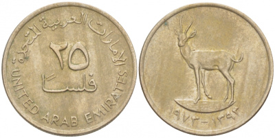 ОАЭ 25 филсов 1973 антилопа KM 4 медно-никель UNC 3851-1044