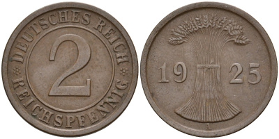 Германия 2 рейхспфеннига 1925 A KM 38, J. 314 бронза 4147-1248