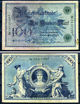 Германия 100 марок 1908 7 февраля 1908, выпуск конец 1916 - ноябрь 1918, зеленая печать Pick 34 бумага 8619-29-2-1