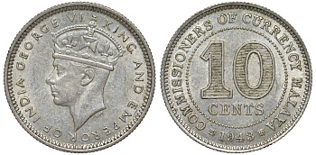Британская Малайя 10 центов 1943 Георг VI (1937-1952) KM 4a серебро 53-247