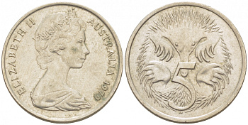 АВСТРАЛИЯ 5 ЦЕНТОВ 1979 ЕЛИЗАВЕТА II, МОЛОДОЙ ПОРТРЕТ, ЕХИДНА KM 64 медно-никель UNC 3851-1131