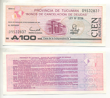 АРГЕНТИНА 100 АУСТРАЛЕЙ 1991 ПРОВИНЦИЯ TUCUMAN Pick S2715 бумага UNC (ПРЕСС) 6299-33-3