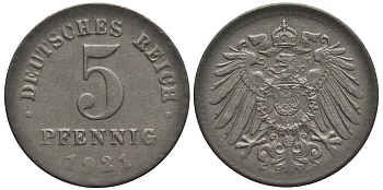 ГЕРМАНИЯ 5 ПФЕННИГОВ 1921 E KM 19, Jager 297, Weege 5 железо 4547-631