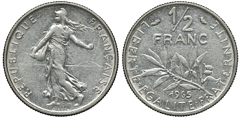 Франция 1/2 франка 1965 сеятель KM 931, Le Franc 198.3 никель 72-636