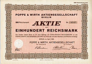Германия 100 рейхсмарок 1928 Акционерное общество "Поппе и Вирт", Берлин, акция   бумага   8803-67-1