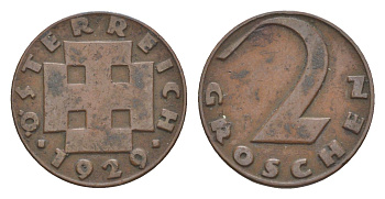 Австрия 2 гроша 1929 KM 2837 бронза 4643-314