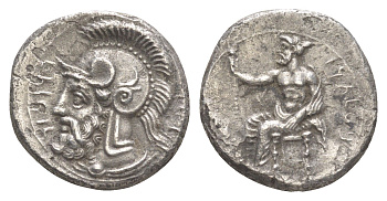 Киликия, Тарс статер 379-374 гг. до н.э. сатрап Фарнабаз, Баалтарс на троне, держащий лотос/голова Ареса в аттическом шлеме, 10,08 гр SNG Paris 256 серебро 00-812-09