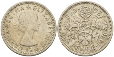 Великобритания 6 пенсов 1956 Елизавета II (1952-2022) KM 903, Spink 4149 медно-никель 214-1062