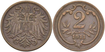 АВСТРИЯ 2 ГЕЛЛЕРА 1911 ФРАНЦ ИОСИФ (1846-1918) KM 2801 бронза 201-915