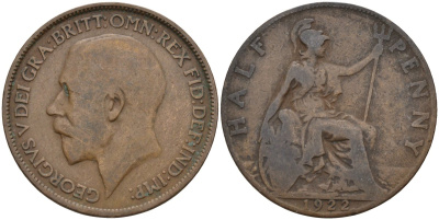 Великобритания 1/2 пенни 1922 Георг V (1910-1936) KM 809, Spink 4056 бронза 4143-712