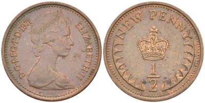 Великобритания 1/2 пенни 1971 Елизавета II (1952-2022) KM 914, Spink 4239 бронза 4387-913