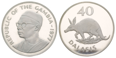 Гамбия 40 даласи 1977 Защита дикой природы - Трубкозуб KM 18 серебро PROOF 11-268-13