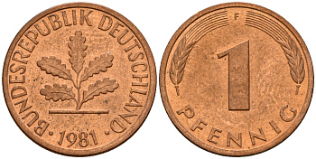 ФРГ 1 пфенниг 1981 F KM 105, J. 380 сталь плакированная медью    4598-617