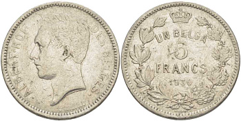 БЕЛЬГИЯ 5 ФРАНКОВ 1930 АЛЬБЕРТ I, DES BELGES KM 97.1 никель 3851-131