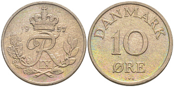 ДАНИЯ 10 ЭРЕ 1957 C; S, ФРЕДЕРИК IX (1947-1972) КМ 841.2 медно-никель 187-637