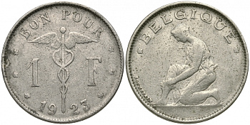 Бельгия 1 франк 1923 Belgique, Альберт I (1909-1934) KM 89 никель 51-1936