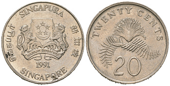 Сингапур 20 центов 1991 KM 52 медно-никель 4622-714