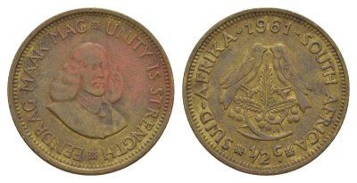 ЮАР 1/2 цента 1961 Ян ван Рибек (1619-1677), голландский исследователь, мореплаватель, основатель г. Кейптаун, две птички на ветке с ягодами KM 56 латунь 4546-622