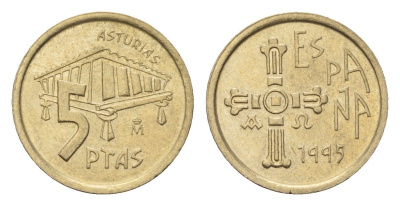 Испания 5 песет 1995 Хуан Карлос I (1975-2014), Астурия (ASTURIAS), крест KM 946 алюминиевая бронза 116-123