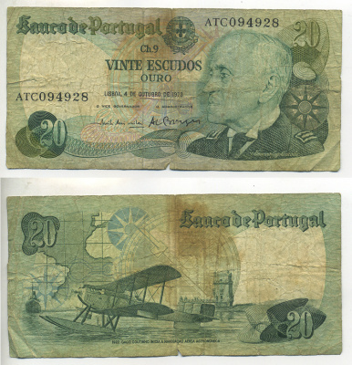Португалия 20 эскудо 1978 Гагу Коутинью, биплан Fairey III III-MKII Pick 176 b бумага 7552-36-3