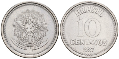 БРАЗИЛИЯ 10 СЕНТАВО 1987 KM 602 нержавеющая сталь 75-411