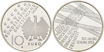 ФРГ 10 евро 2003 А, 50-я годовщина народного восстания 1953 года в ГДР KM 226, DE.S. 10.9 серебро PROOF 1076-3-41