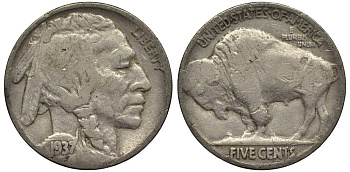 США 5 ЦЕНТОВ 1937 ИНДЕЕЦ, БИЗОН KM 134 медно-никель 27-712